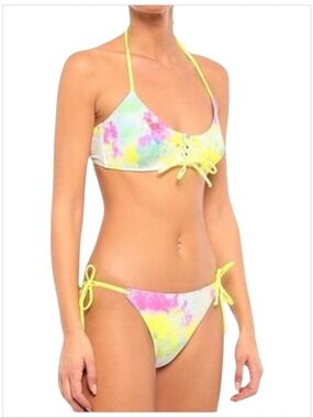 NWT Sundek Visalia Tie-Dye Bikini Set Sz 4 Multi Pastel Lace-Up 2PC Swimsuit